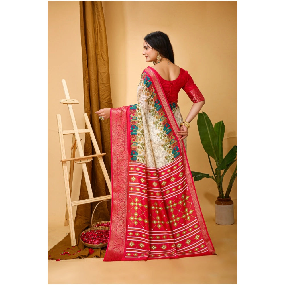 Generic Women's Soft Dola Cotton Kalamkari Printed Saree With Unstitched Blouse 5.5Mtr (White)