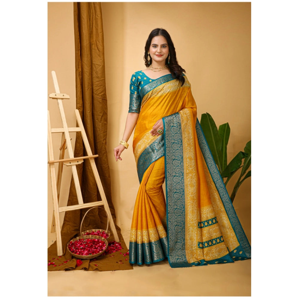 Generic Women's Soft Dola Cotton Kalamkari Printed Saree With Unstitched Blouse 5.5Mtr (Yellow)