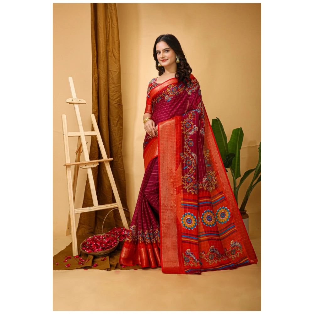 Generic Women's Soft Dola Cotton Kalamkari Printed Saree With Unstitched Blouse 5.5Mtr (Maroon)