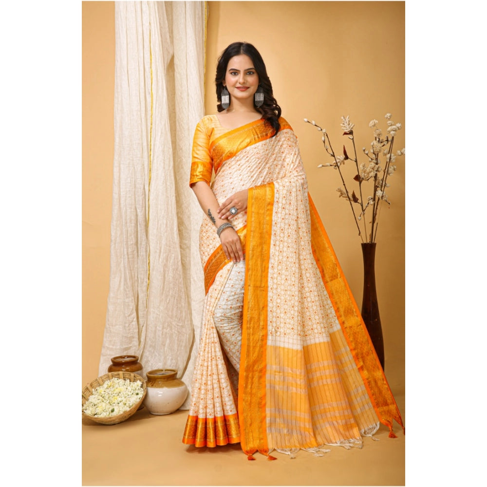 Generic Women's Soft Cotton Silk Printed Saree With Unstitched Blouse 5.5Mtr (Yellow)