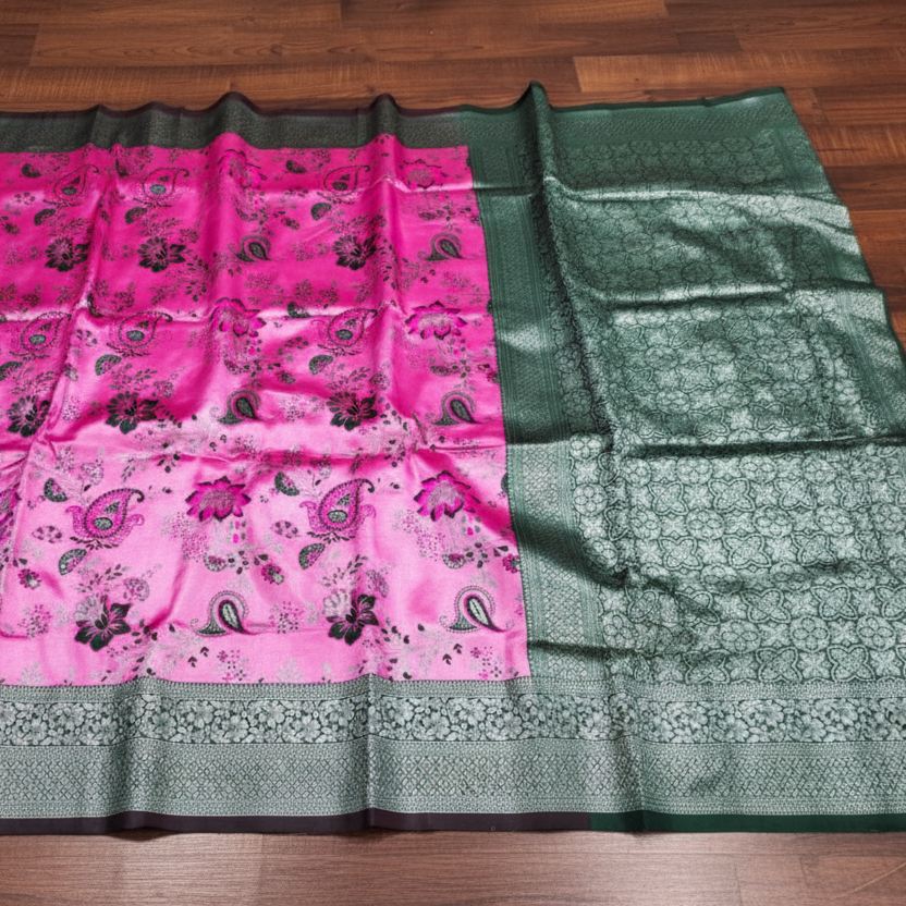 Women's Banarasi Jacquard Printed Saree With Unstitched Blouse 5.5Mtr (DPink)