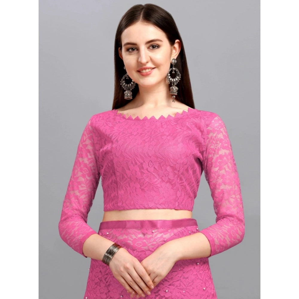 Women's Net Self Design Saree With Unstitched Blouse 5.5Mtr (Dark Pink)