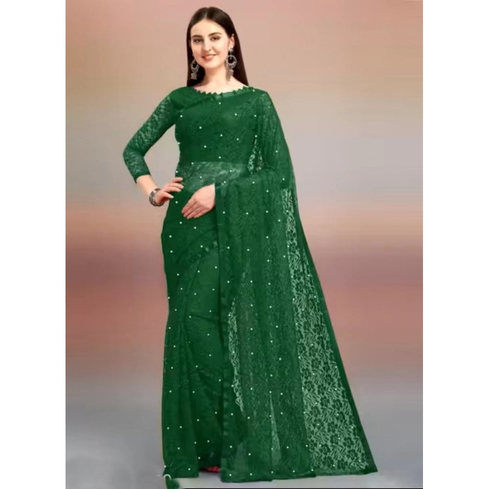 Generic Women's Net Self Design Saree With Unstitched Blouse 5.5Mtr (Green)