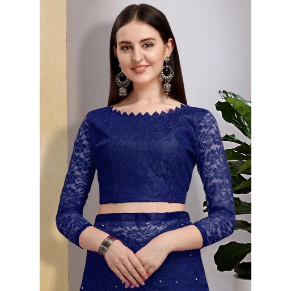 Generic Women's Net Self Design Saree With Unstitched Blouse 5.5Mtr (Navy Blue)