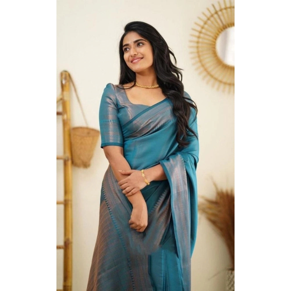 Generic Women's Litchi silk Printed Saree With Unstitched Blouse (Rama Blue)