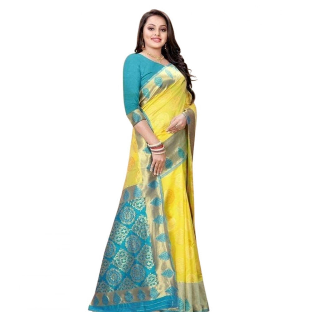 Generic Women's Litchi silk Printed Saree With Unstitched Blouse (Yellow)