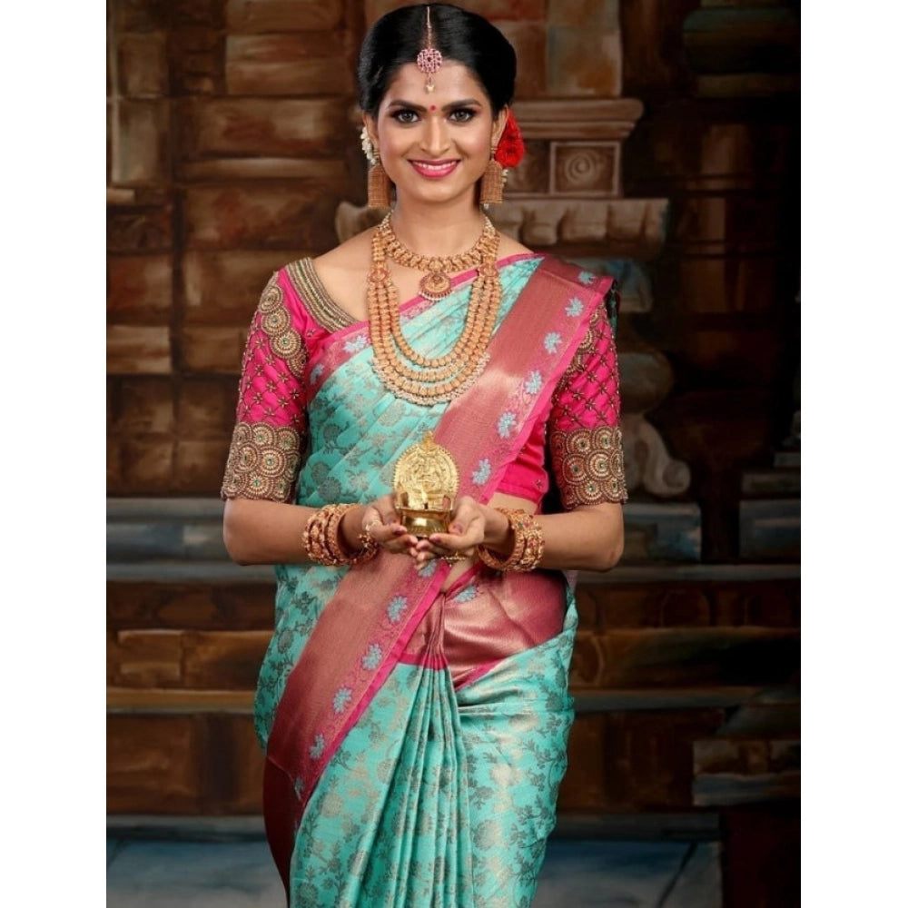 Generic Women's Litchi silk Printed Saree With Unstitched Blouse (Turquise Blue)
