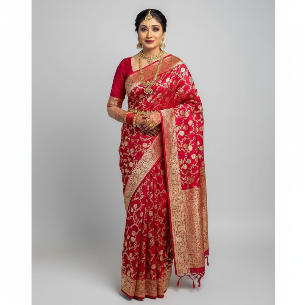 Women's Litchi silk Printed Saree With Unstitched Blouse (Red)