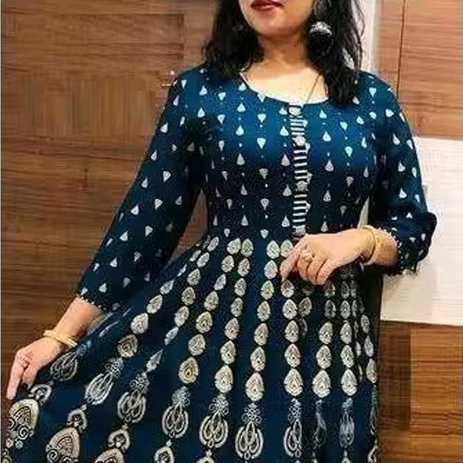 Anarkali Rayon Printed Kurti for Women (Bottle Green & Gold)