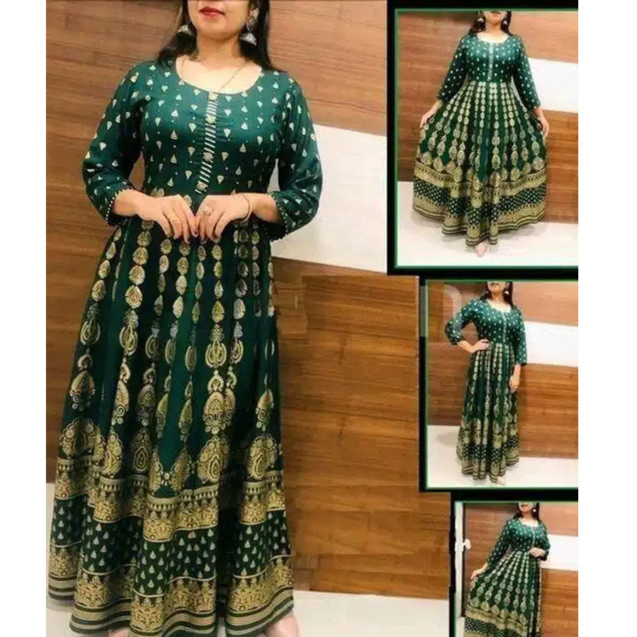 Anarkali Rayon Printed Kurti for Women (Bottle Green & Gold)