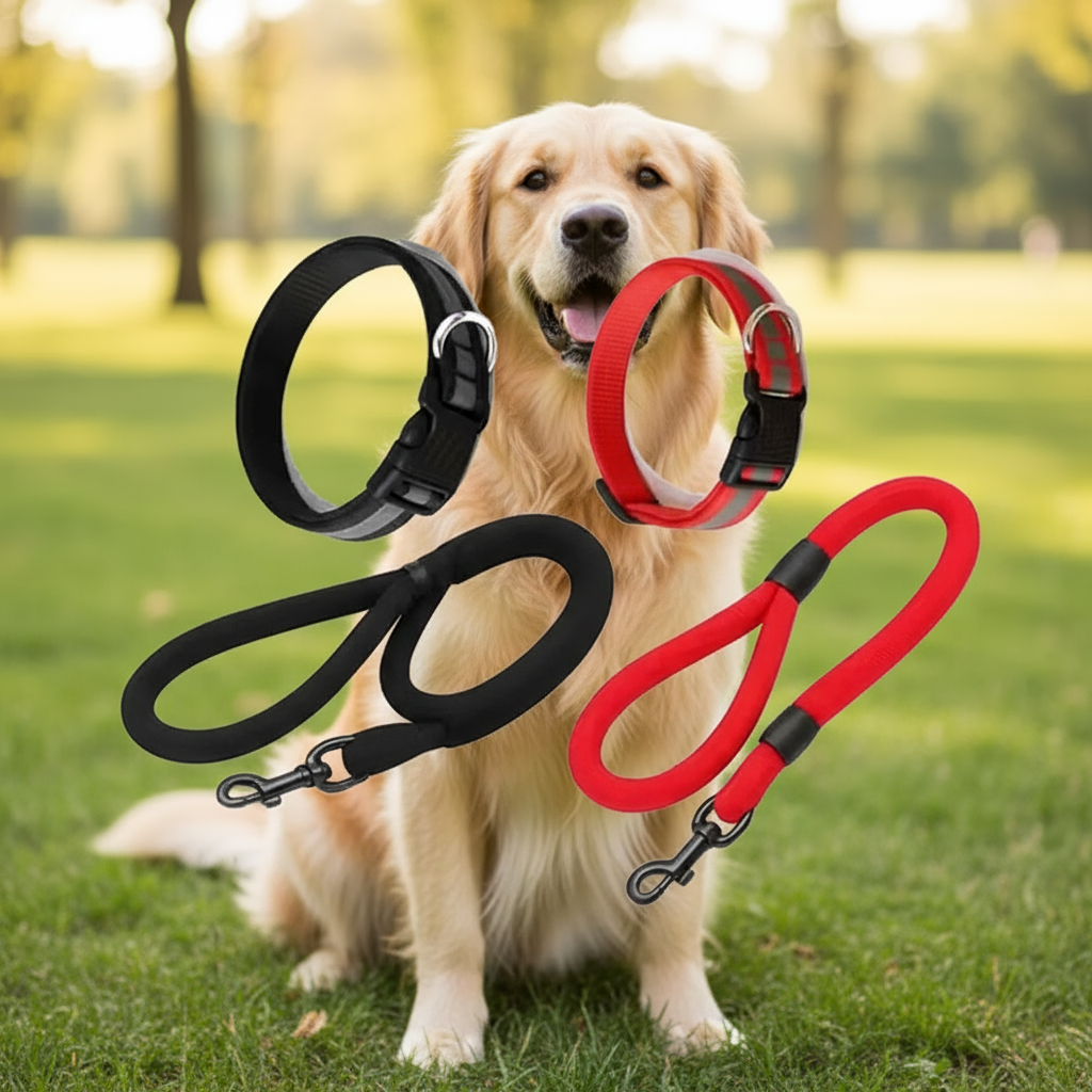 Set of black and red dog collars and leashes