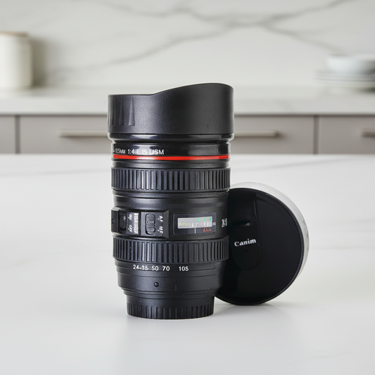 Camera Lens Shaped Coffee Mug Flask With Lid