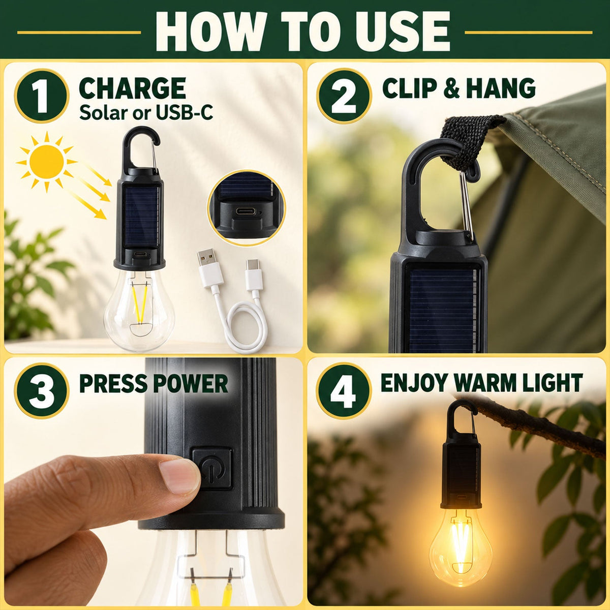 Solar Hanging Camping Lantern With Usb-c Charging And Warm Led Glow (1 Pc)