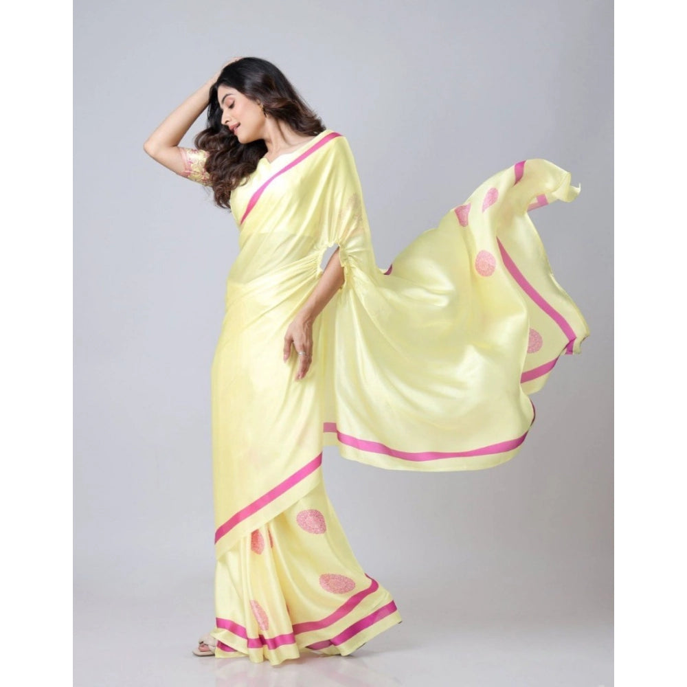 Generic Women's Soft Crepe Silk Printed Ready To Wear Saree With Unstitched Blouse 5.5Mtr (Light Yellow)