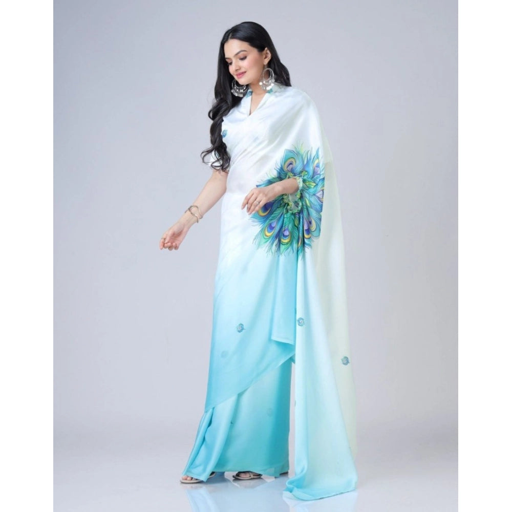 Generic Women's Soft Crepe Silk Printed Ready To Wear Saree With Unstitched Blouse 5.5Mtr (Sky Blue)