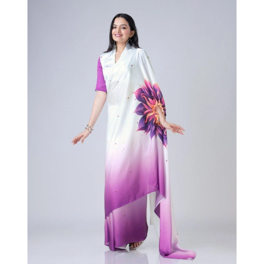 Generic Women's Soft Crepe Silk Printed Ready To Wear Saree With Unstitched Blouse 5.5Mtr (Purple)