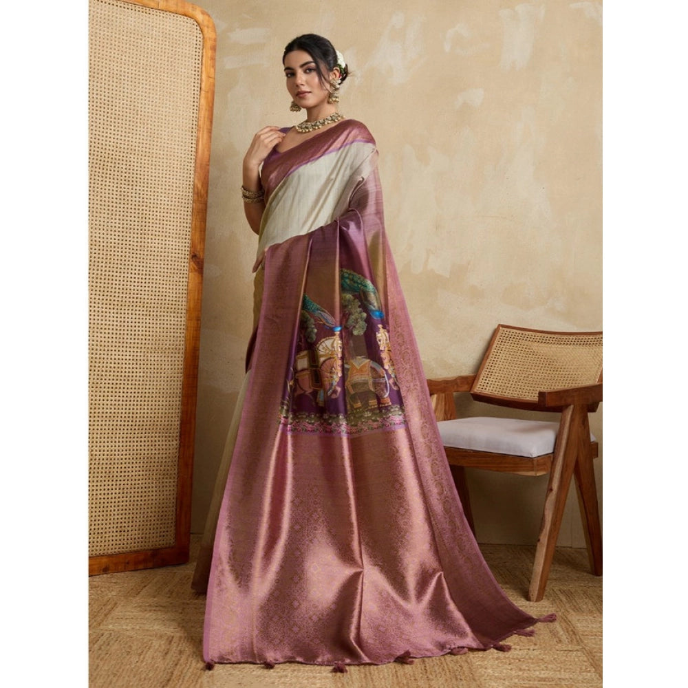 Generic Women's Silk Printed Saree With Unstitched Blouse 5.5Mtr (Wine)