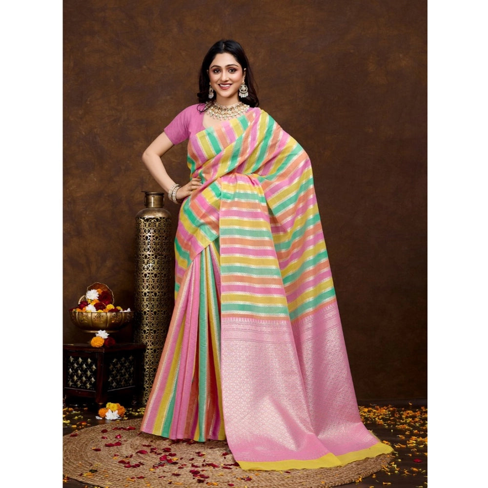Generic Women's Cotton Blended Printed Saree With Unstitched Blouse 5.5Mtr (Pink)