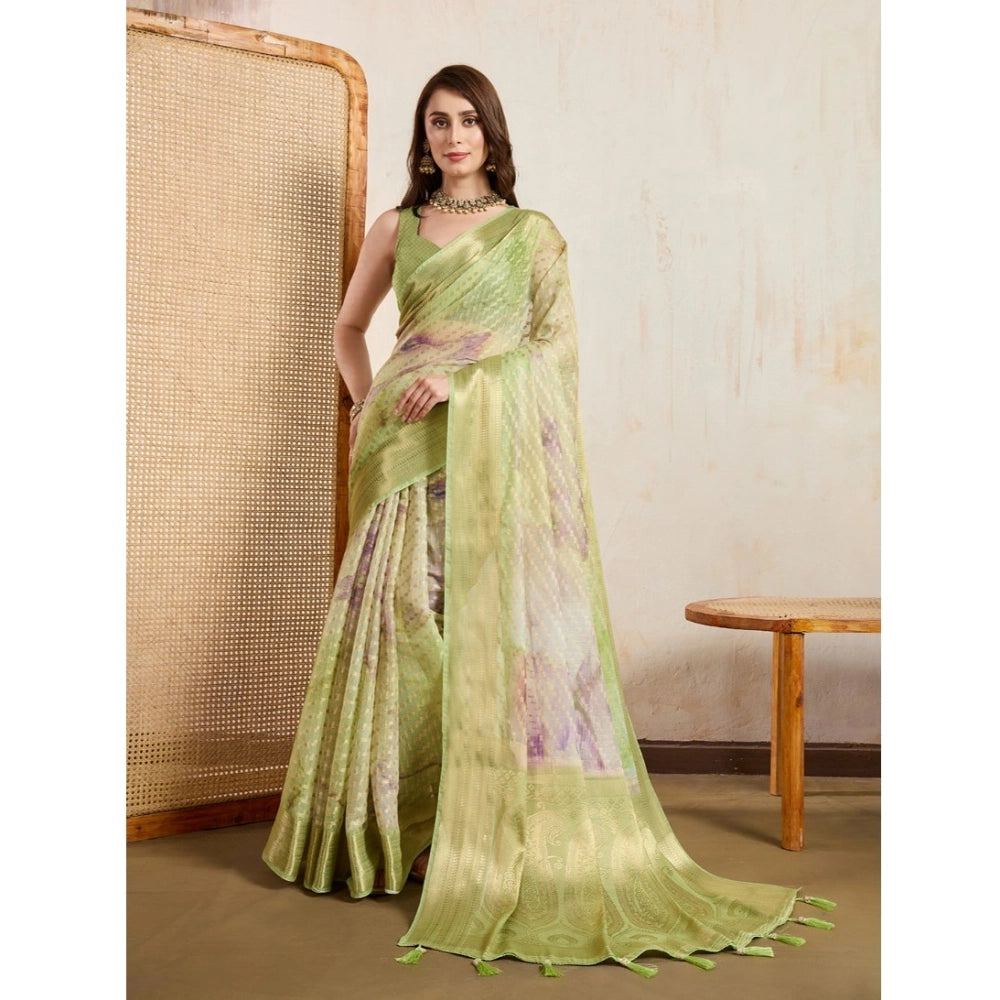 Women's Viscose Printed Saree With Unstitched Blouse 5.5Mtr (Light Green)