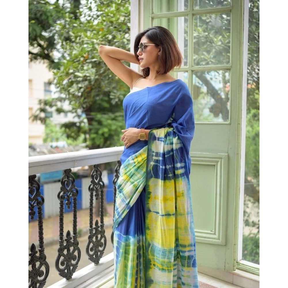 Generic Women's Linen Printed Saree With Unstitched Blouse 5.5Mtr (Blue)