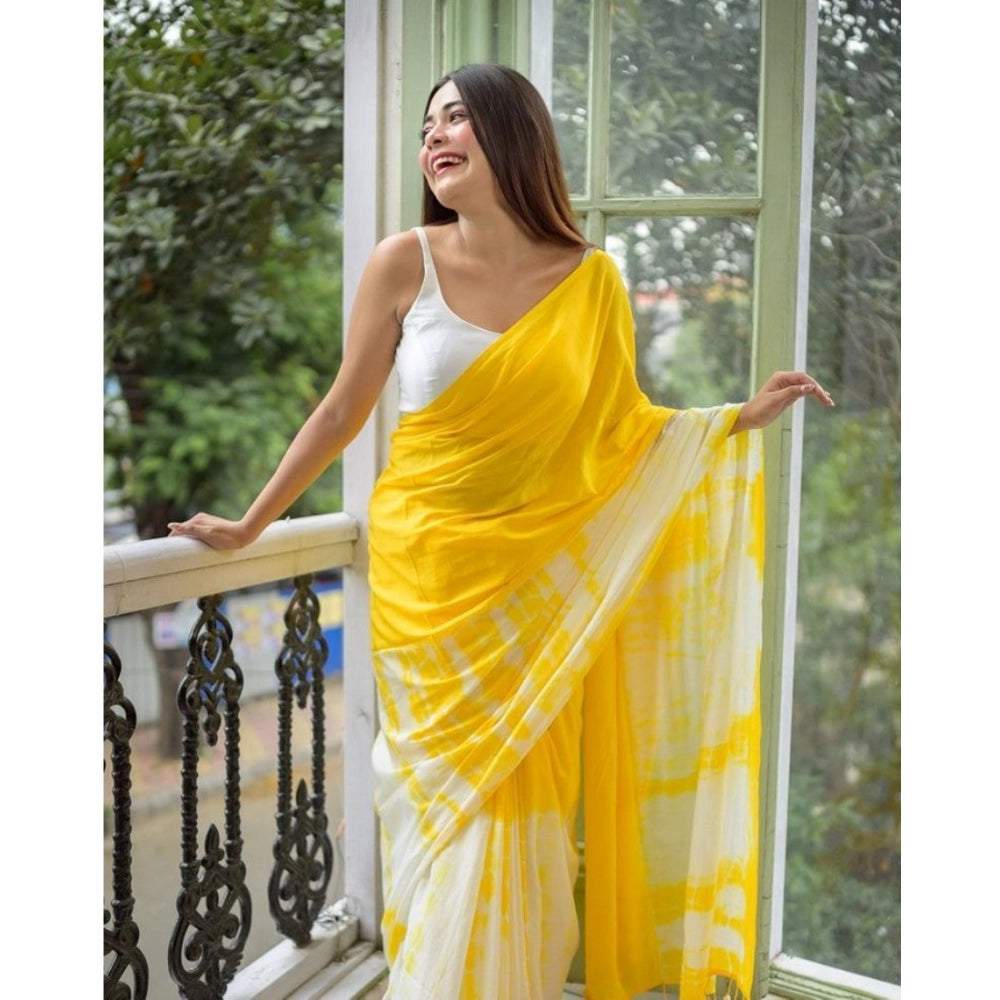 Generic Women's Linen Printed Saree With Unstitched Blouse 5.5Mtr (Yellow)