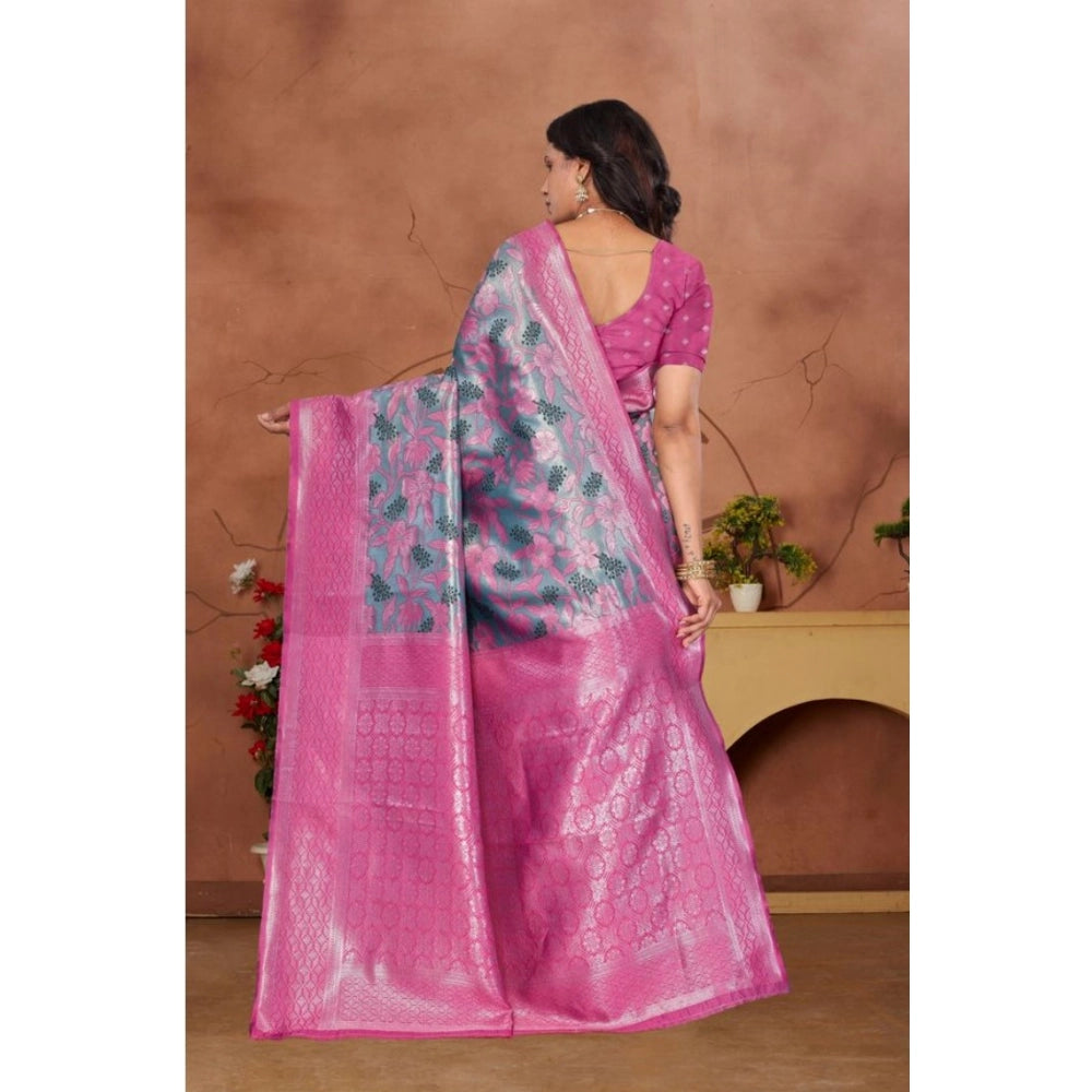 Generic Women's Banarasi Silk Jaquard Woven Saree With Unstitched Blouse 5.5Mtr (Pink)