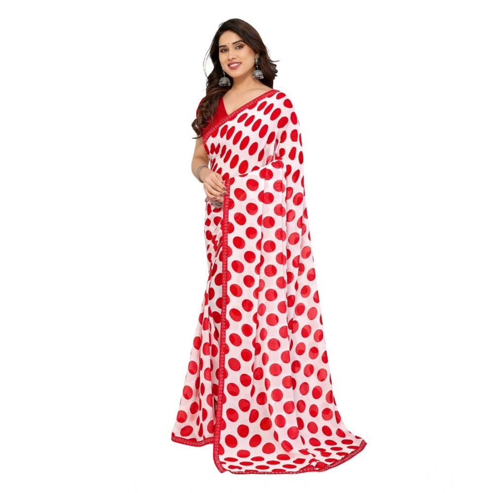 Generic Women's Georgette Printed Saree With Unstitched Blouse 5.5Mtr (Red-White)