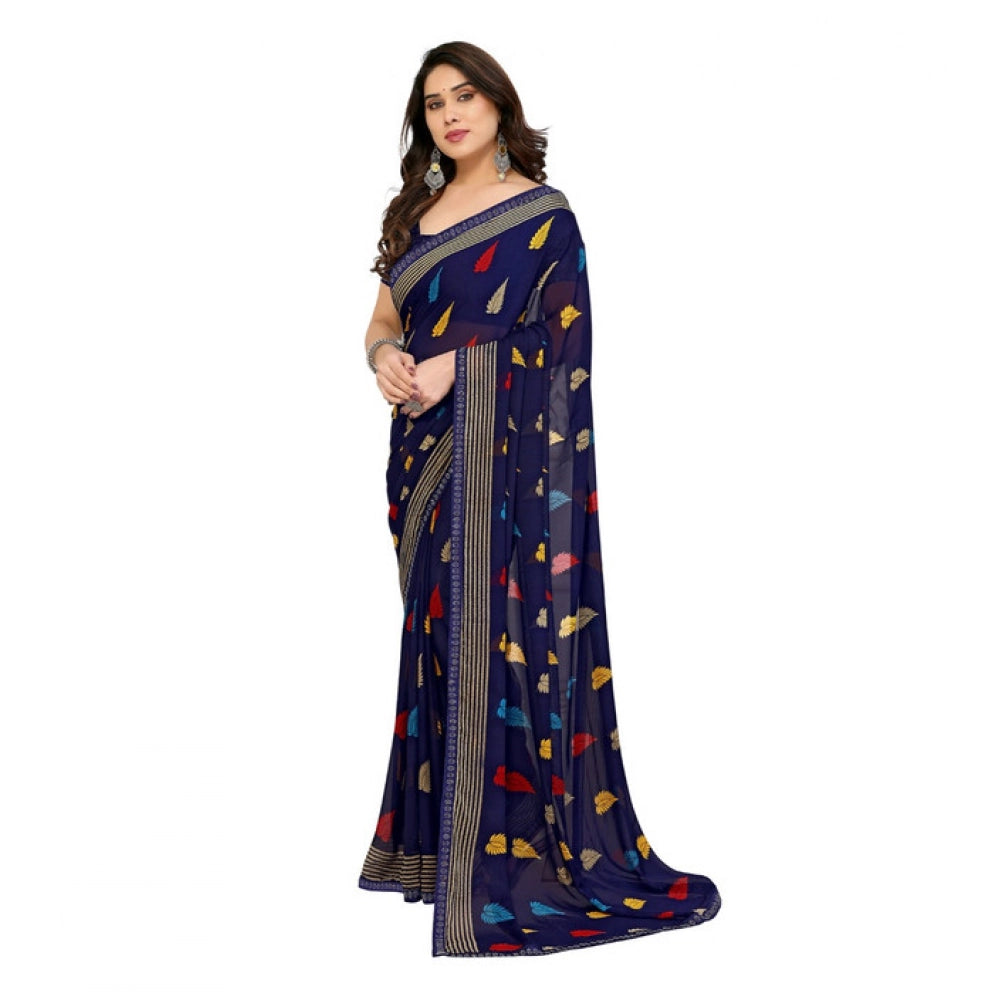 Generic Women's Georgette Printed Saree With Unstitched Blouse 5.5Mtr (Navy Blue)