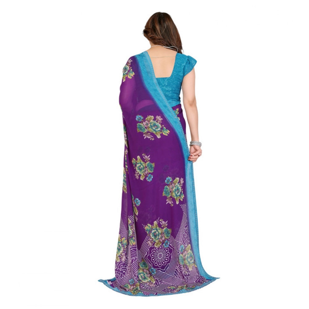 Generic Women's Georgette Printed Saree With Unstitched Blouse 5.5Mtr (Purple)