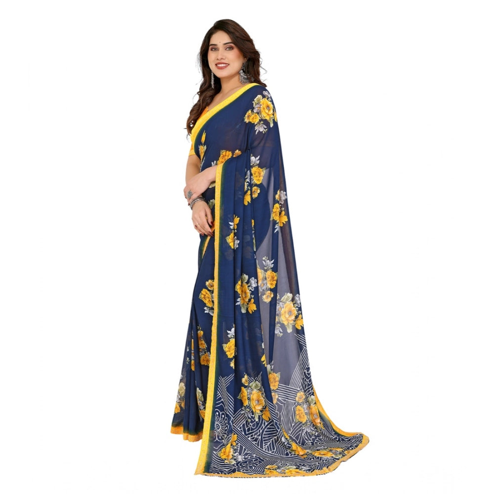 Generic Women's Georgette Printed Saree With Unstitched Blouse 5.5Mtr (Blue)