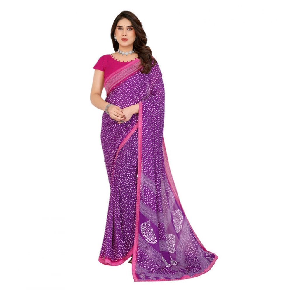 Generic Women's Georgette Printed Saree With Unstitched Blouse 5.5Mtr (Purple)