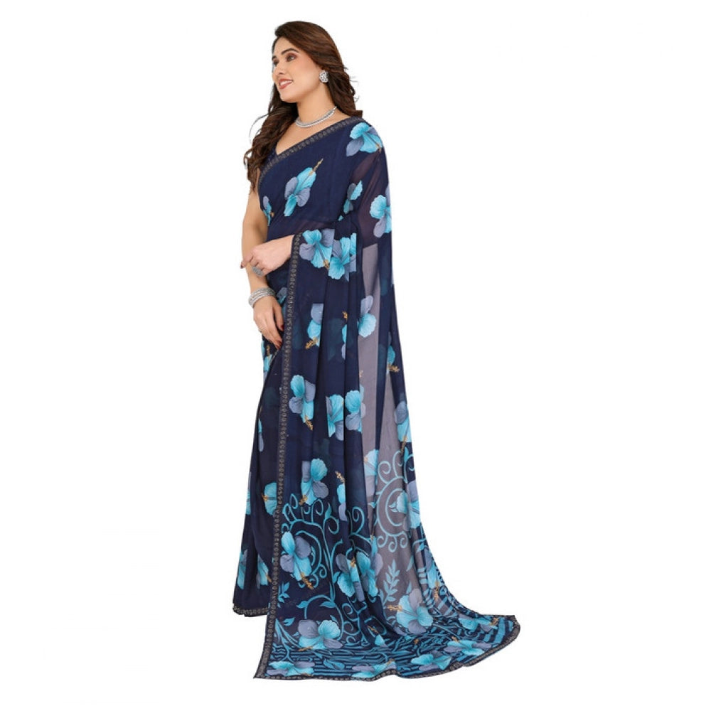 Generic Women's Georgette Printed Saree With Unstitched Blouse 5.5Mtr (Navy Blue)