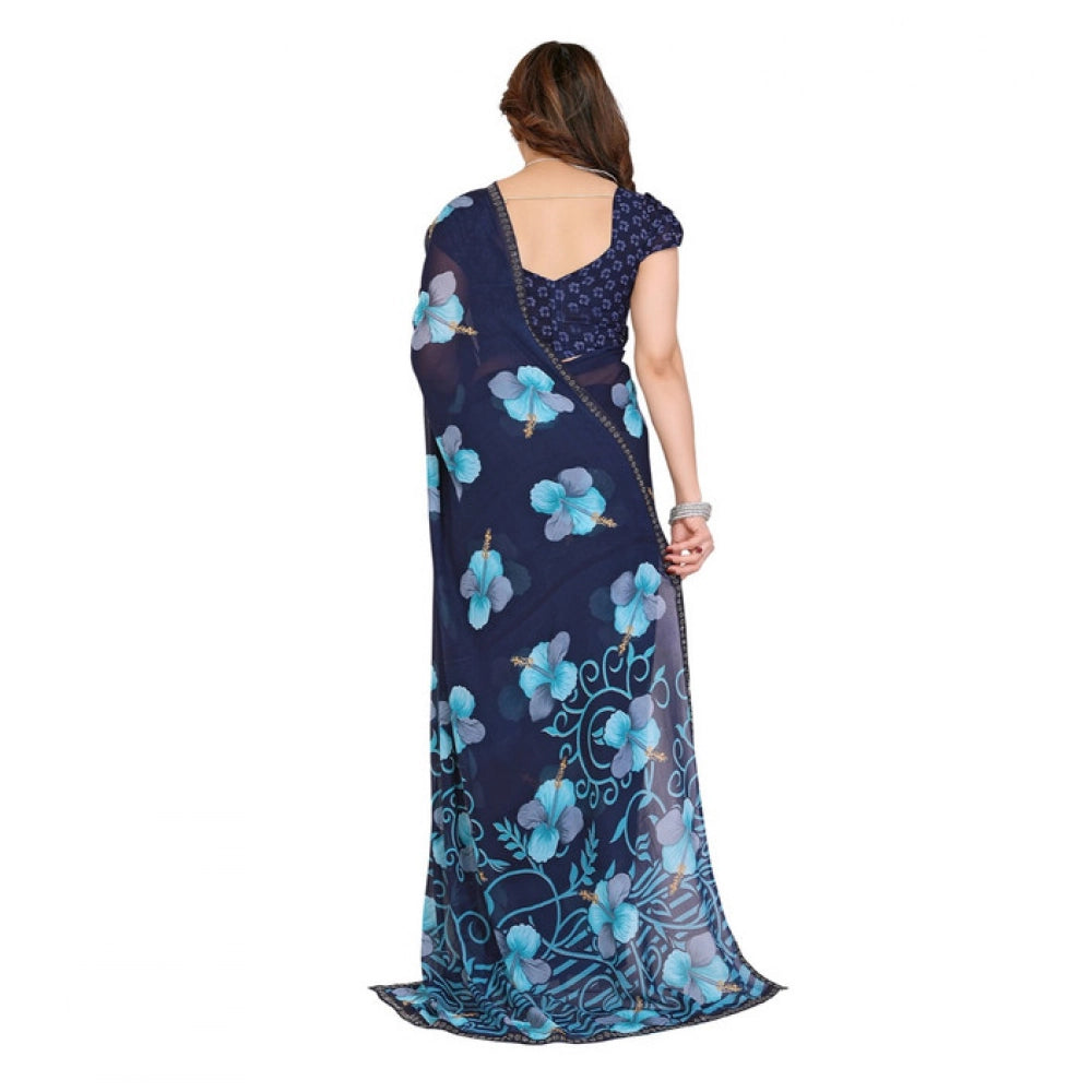 Generic Women's Georgette Printed Saree With Unstitched Blouse 5.5Mtr (Navy Blue)