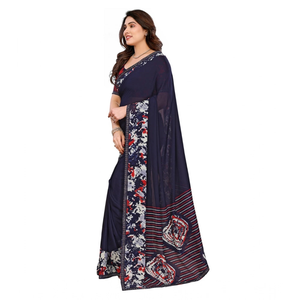 Generic Women's Georgette Printed Saree With Unstitched Blouse 5.5Mtr (Navy Blue)