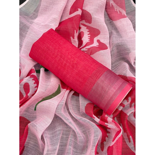 Generic Women's Linen Cotton Printed Saree With Unstitched Blouse 5.5Mtr (Pink)