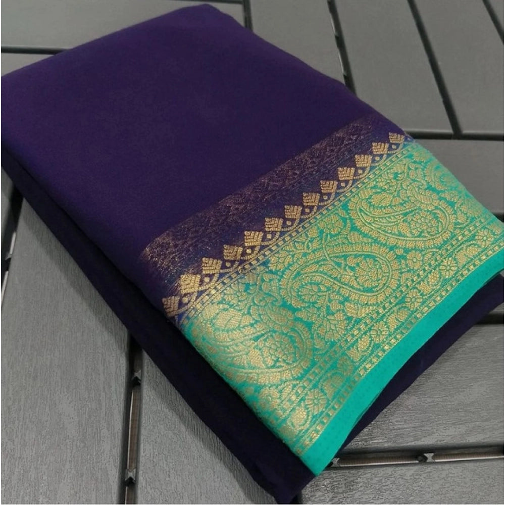 Generic Women's Crepe Chit Pallu Solid Saree With Unstitched Blouse 5.5Mtr (Blue)