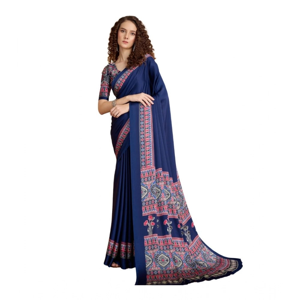 Generic Women's Satin Crepe Printed Saree With Unstitched Blouse 5.5Mtr (Navy Blue)