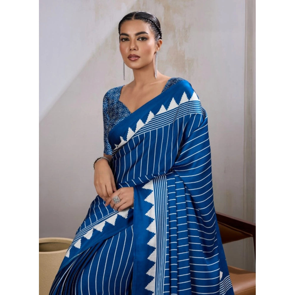 Generic Women's Satin Crepe Printed Saree With Unstitched Blouse 5.5Mtr (Blue)
