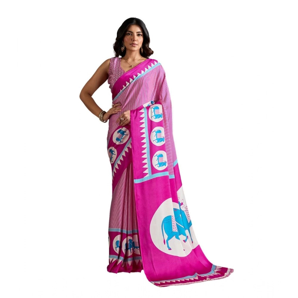 Generic Women's Satin Crepe Printed Saree With Unstitched Blouse 5.5Mtr (Pink)