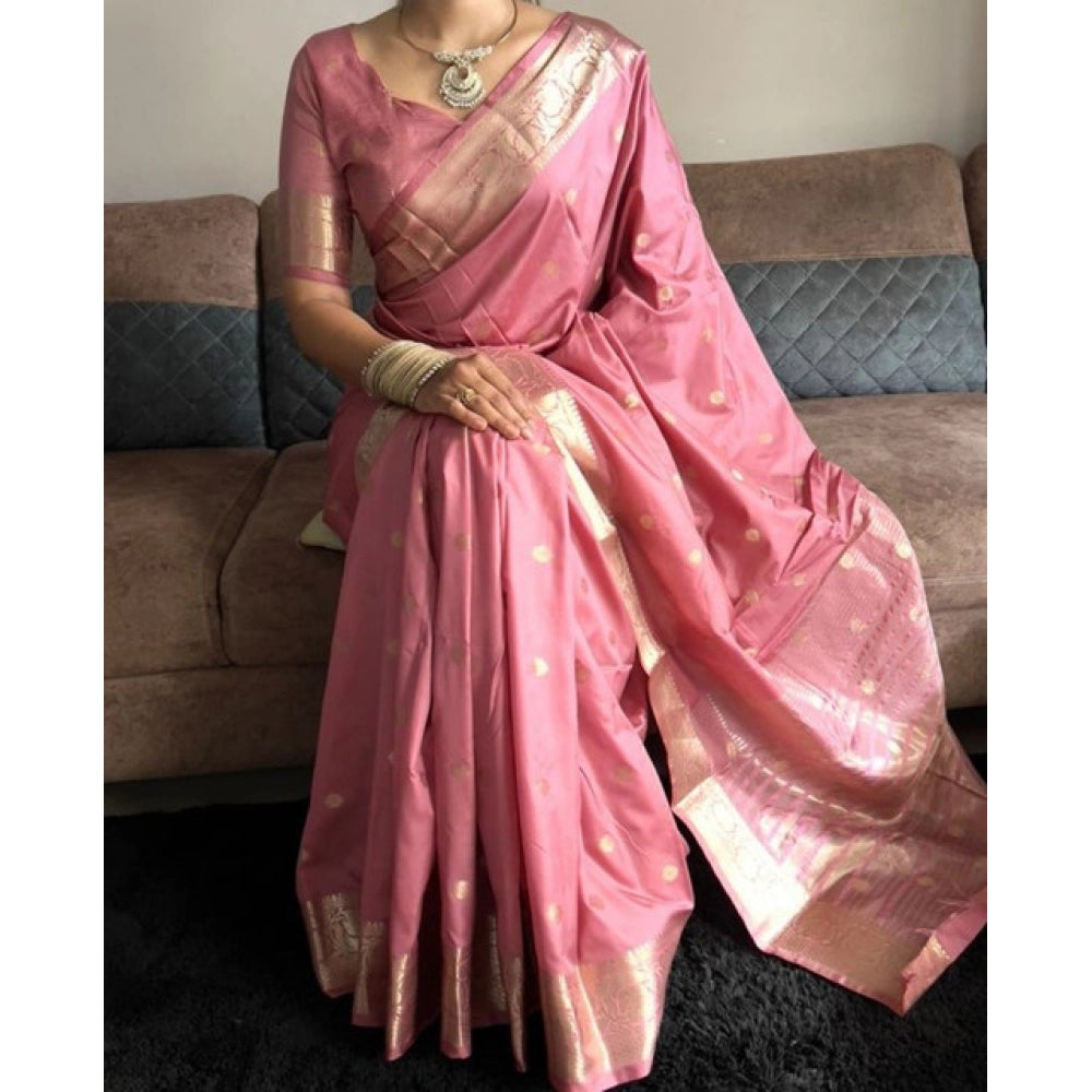 Generic Women's Satin Printed Saree With Unstitched Blouse 5.5Mtr (Pink)