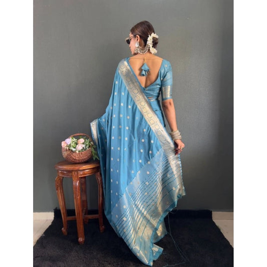 Generic Women's Satin Printed Saree With Unstitched Blouse 5.5Mtr (light Blue)