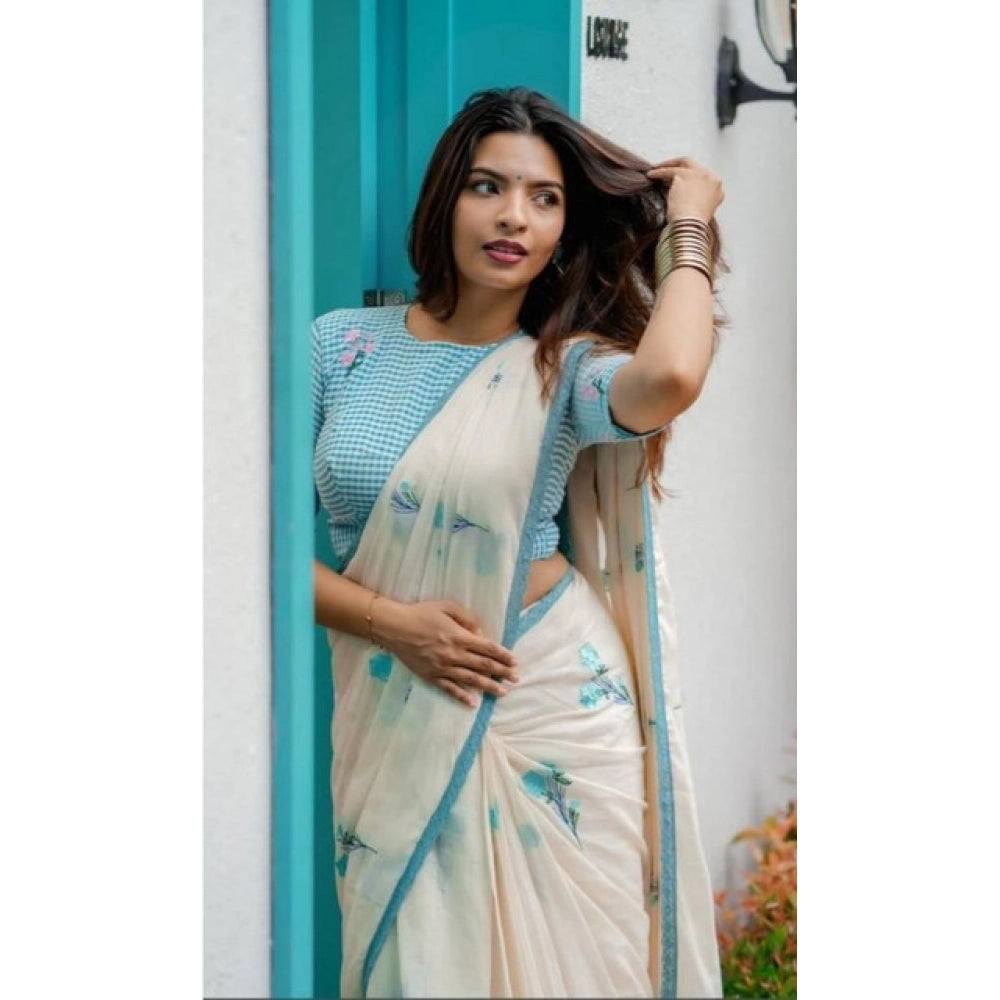 Generic Women's Linen Printed Saree With Unstitched Blouse 5.5Mtr (White)