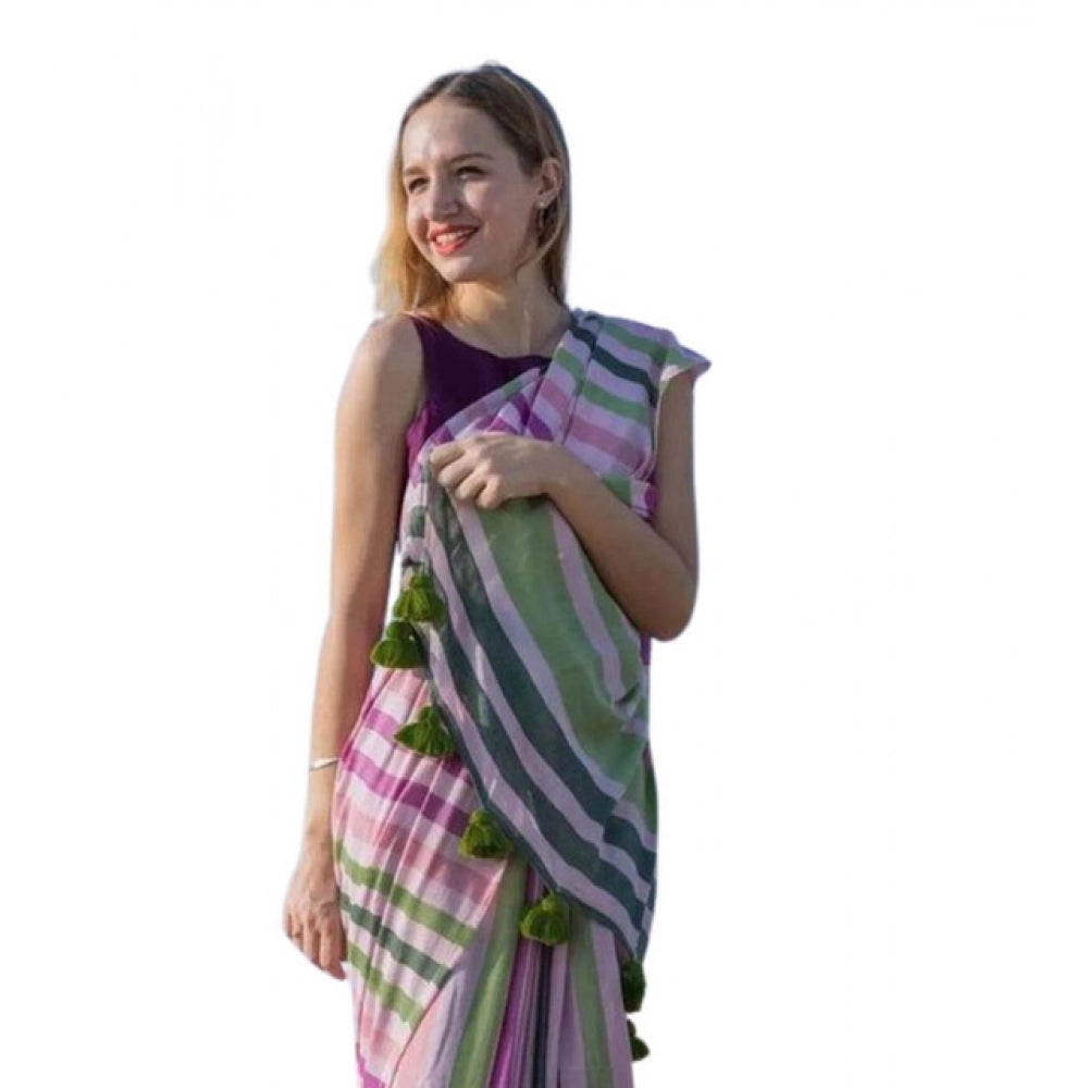 Generic Women's Linen Printed Saree With Unstitched Blouse 5.5Mtr (Pink)