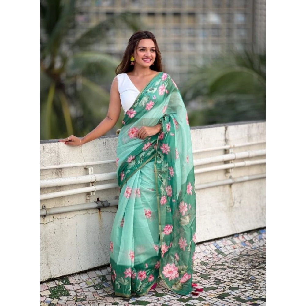 Generic Women's Linen Printed Saree With Unstitched Blouse 5.5Mtr (Green)