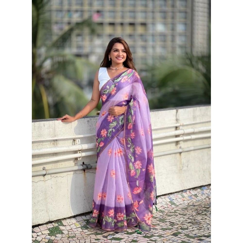 Generic Women's Linen Printed Saree With Unstitched Blouse 5.5Mtr (Purple)