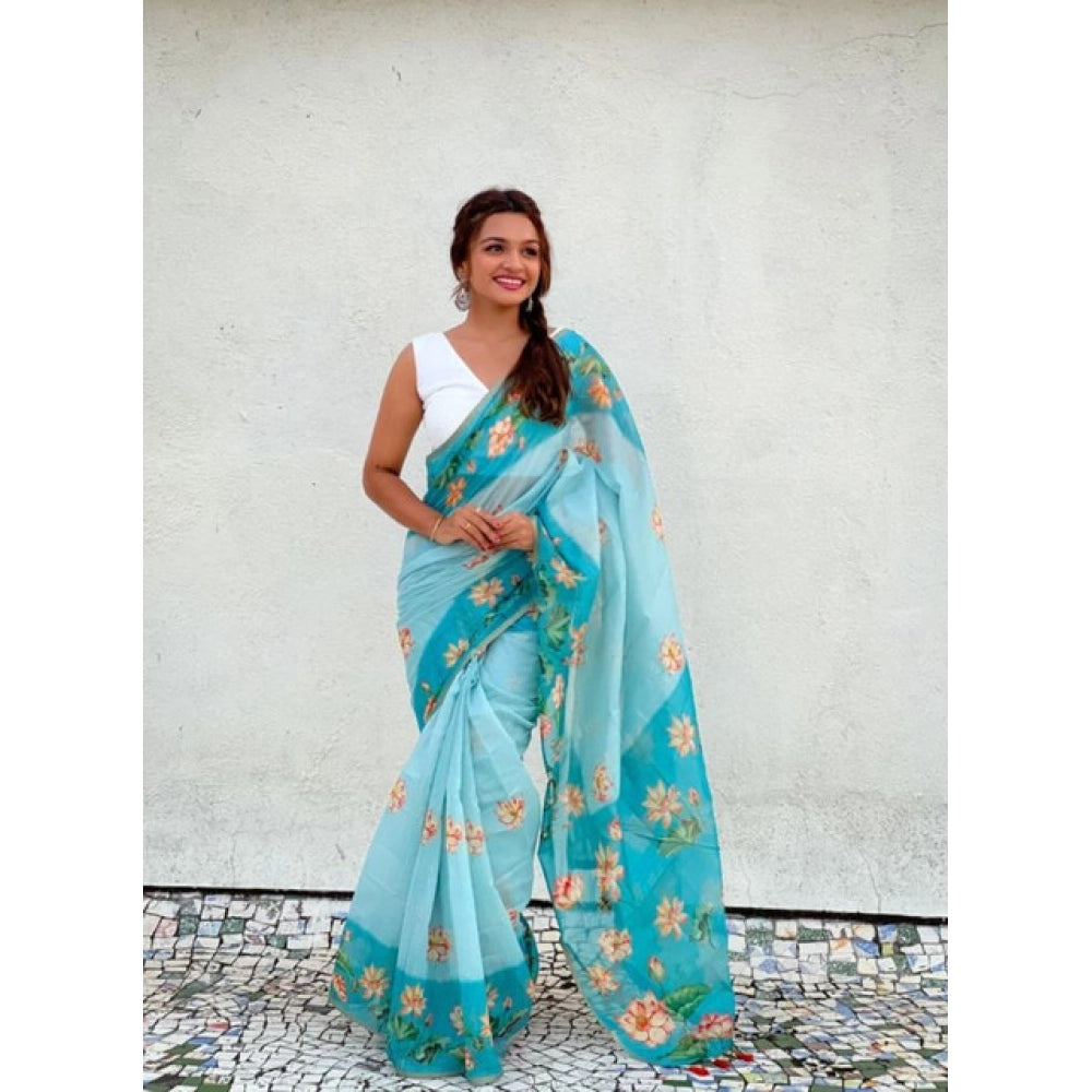 Generic Women's Linen Printed Saree With Unstitched Blouse 5.5Mtr (Aqua)