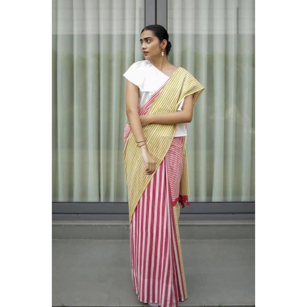 Generic Women's Linen Printed Saree With Unstitched Blouse 5.5Mtr (Yellow)