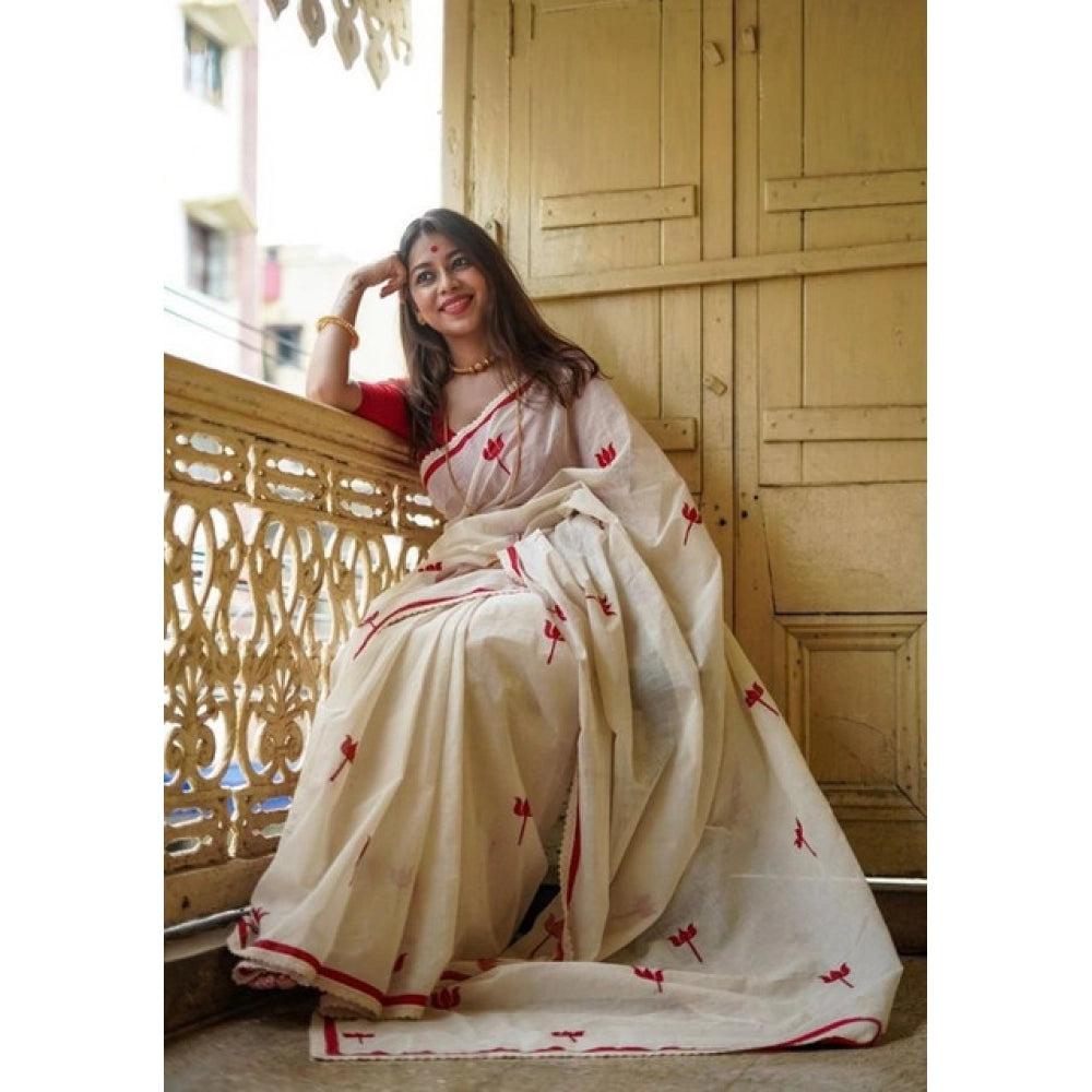 Generic Women's Linen Printed Saree With Unstitched Blouse 5.5Mtr (White)