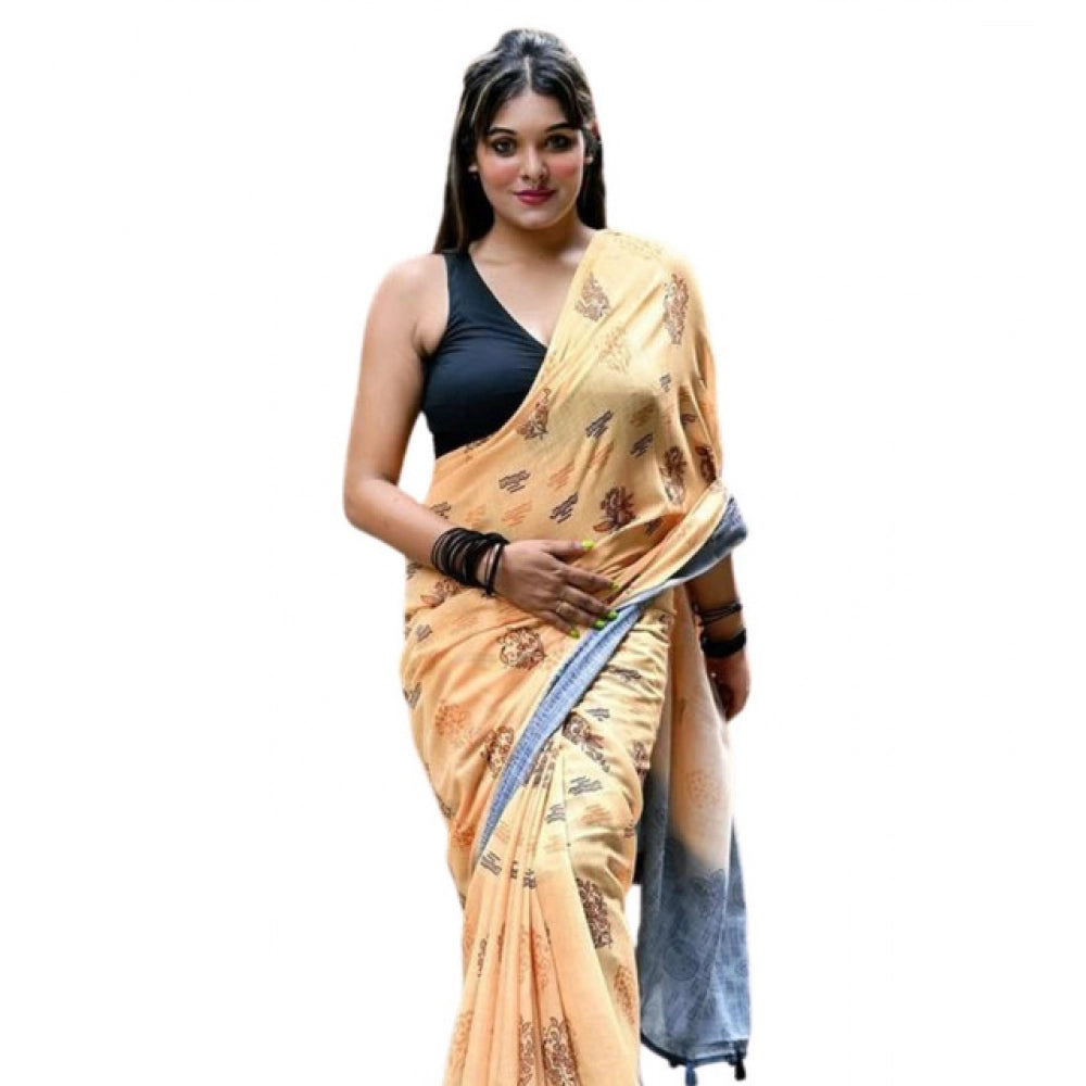 Generic Women's Linen Printed Saree With Unstitched Blouse 5.5Mtr (Peach)