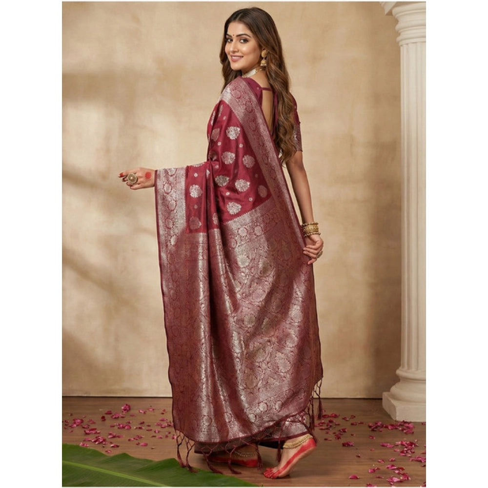 Generic Women's Silk Blend Printed Saree With Unstitched Blouse 5.5Mtr (Maroon)